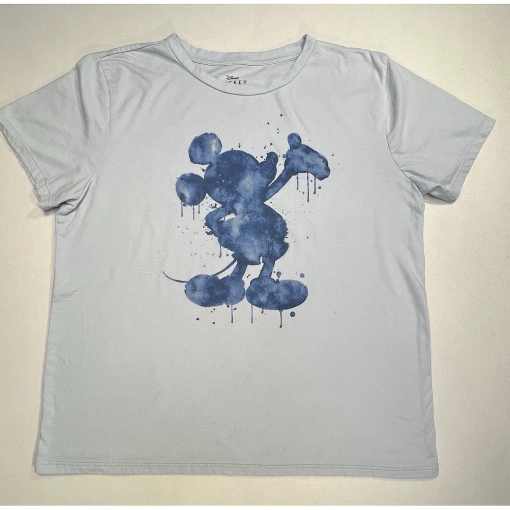Disney Mickey Mouse Watercolor Silhouette T-Shirt Size L Blue Tee Stain Read